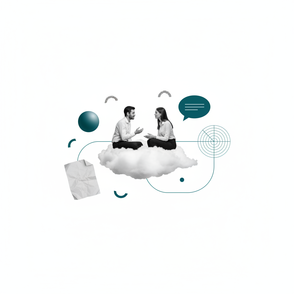 Two people having a conversation surrounded by AI and tech motifs